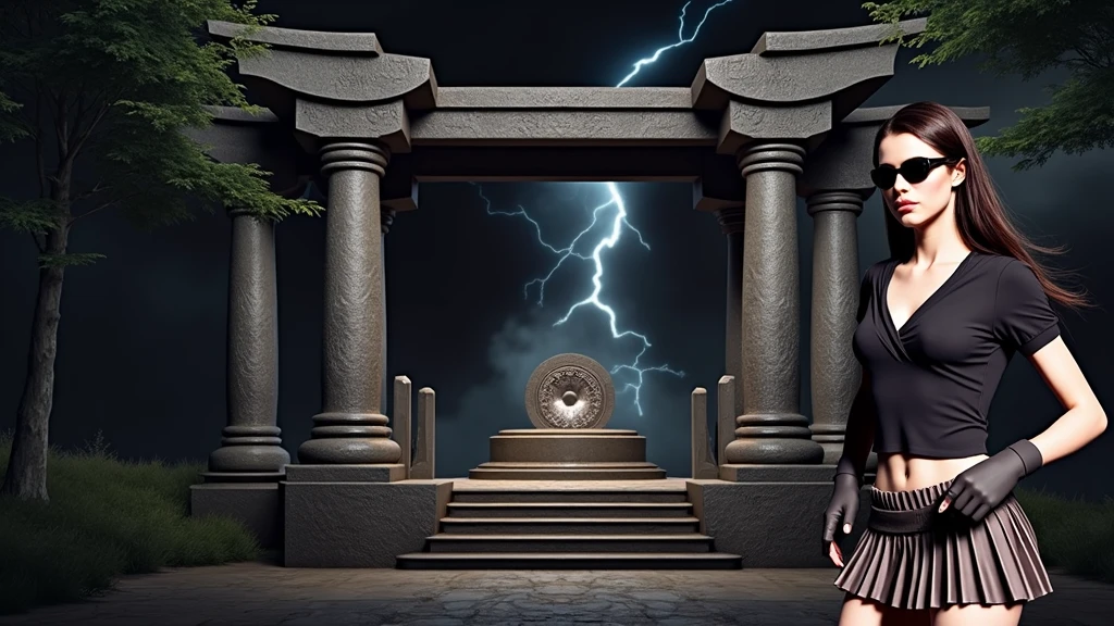 A young futuristic female sorcerer with a glowing floating small crystal stone, releasing mysterial spell and magical power, facing and defeating dark forces and beings. She stands with her right hand raised forward with a blue fire of light, at night, (1girl, solo, alone), photorealistic, large-breast slim:0.6 body, oval:0.5 face, cleavage:1.1, very low angle view of pleated miniskirt, deep-v, (upskirt), glove, (Matrix style black micro sunglasses), dynamic running pose, (half-body thigh level close-up shot), cinematic lighting, ray tracing, motion blur background.
