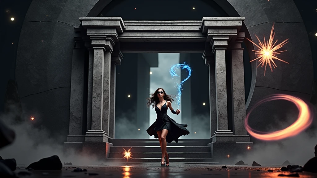 A young futuristic female sorcerer with a glowing floating small crystal stone, releasing mysterial spell and magical power, facing and defeating dark forces and beings. She stands with her right hand raised forward with a blue fire of light, at night, (1girl, solo, alone), photorealistic, large-breast slim:0.6 body, oval:0.5 face, cleavage:1.1, very low angle view of pleated miniskirt, deep-v, (upskirt), glove, (Matrix style black micro sunglasses), dynamic running pose, (half-body thigh level close-up shot), cinematic lighting, ray tracing, motion blur background.