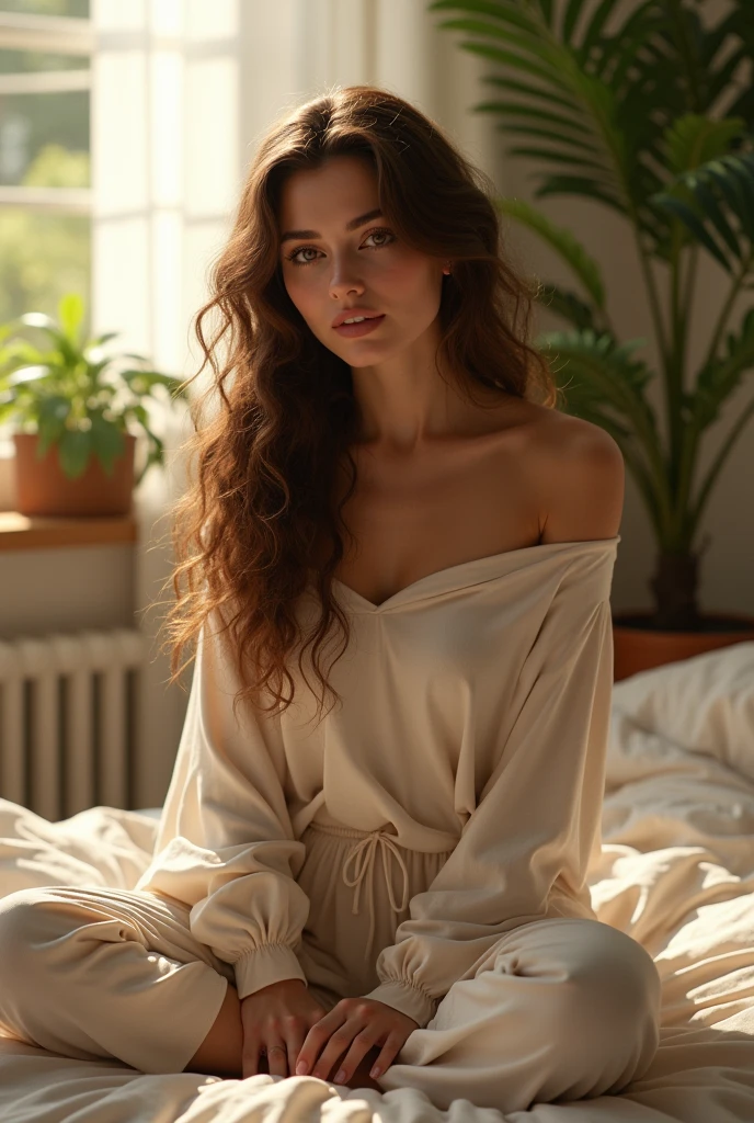 (photorealism:1.2), beautiful woman, sitting on bed, wearing loose off-shoulder top, pajama pants, long curly hair, indoors, soft lighting, plants in background, window with sunlight, cozy room, relaxed pose, realistic, intricate details, warm colors, by Greg Rutkowski, by Alphonse Mucha