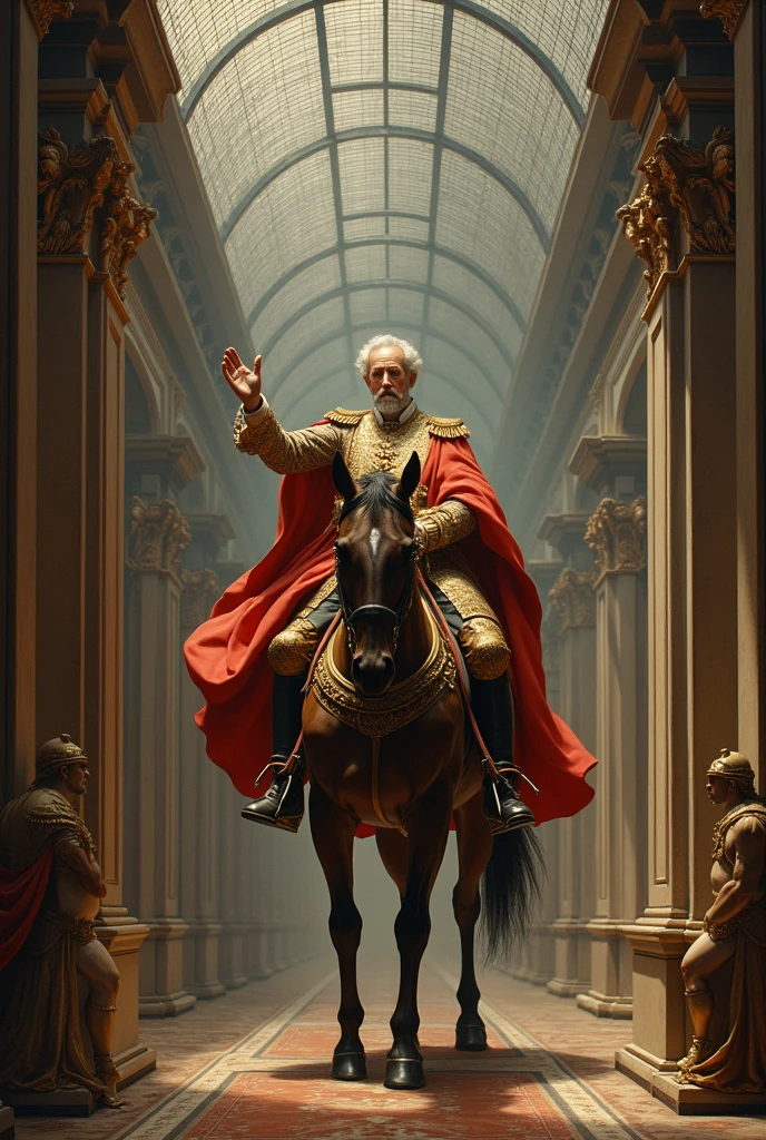 Wire ceiling with a painting of a man on horseback, inspirado em tintoretto, inspired by Sebastiano Ricci, inspirado em Federico Barocci, symmetrical baroque painting, tintoretto. detailded, baroque painting, inspired by Gianfredo Camesi, inspired by Andrea Pozzo, late baroque painting, breathtaking masterpiece of art
