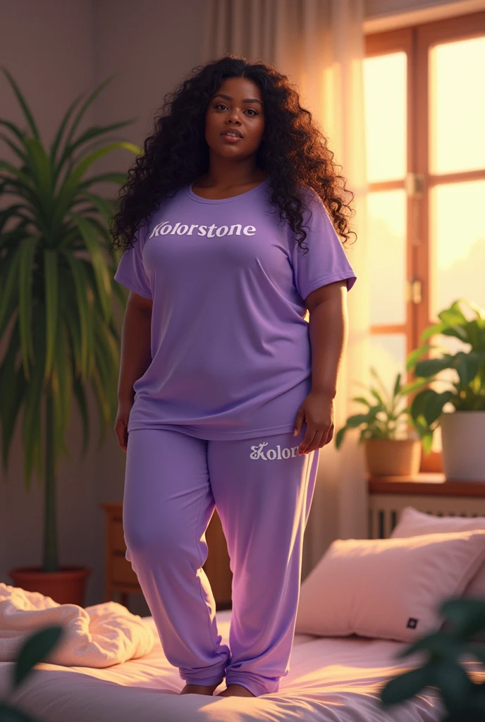 (photorealism:1.2), beautiful plus woman, standing on bed, wearing loose Tshirt of Lavender color kolorstone written on it, pajama pants kolorstone written on it, long curly hair, indoors, soft lighting, plants in background, window with sunlight, cozy room, relaxed pose, realistic, intricate details, warm colors, by Greg Rutkowski, by Alphonse Mucha