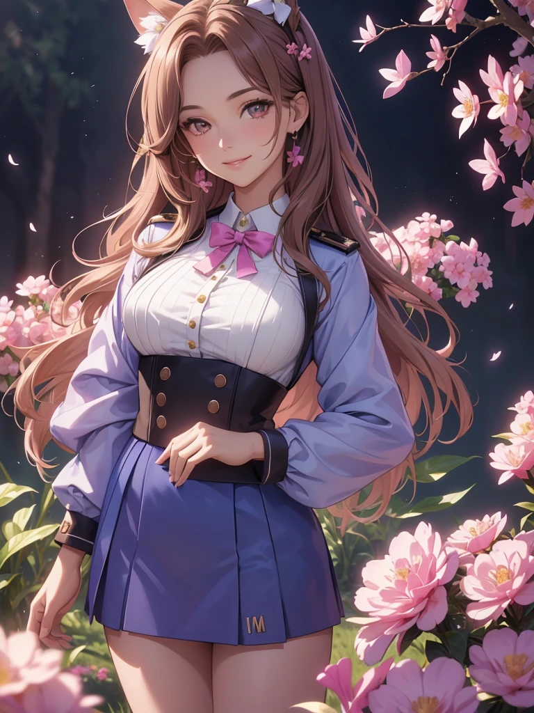 (best quality,4k,8k,highres,masterpiece:1.2),ultra-detailed,(realistic,photorealistic,photo-realistic:1.37),acrylic painting,beautiful Brazilian model in a uniform outfit with downy hair,beautiful Brazilian model with extremely colorful brown hair and detailed facial features,beautiful Brazilian model standing in a beautiful garden sakura flowers, long hair,cat ears, hair bows, uniform blue and pink outfits, smile, happy face,light  brown  hair,butterflies, brown eyes,  mature woman, older woman, 30 year old, adult woman. Older lady