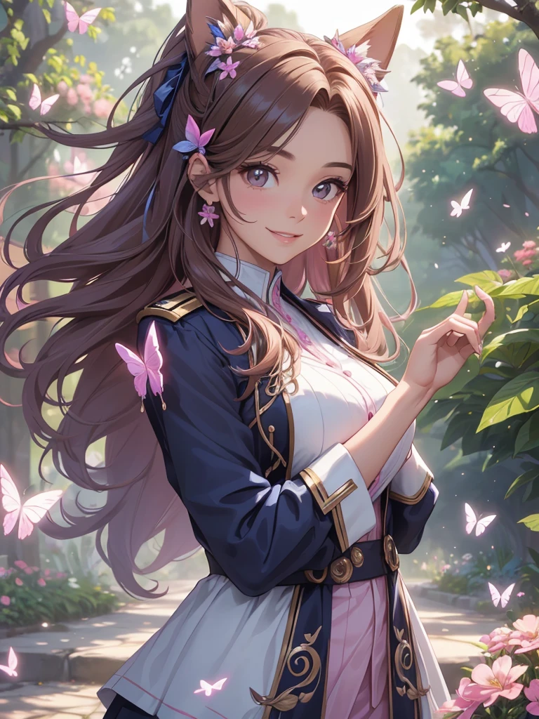 (best quality,4k,8k,highres,masterpiece:1.2),ultra-detailed,(realistic,photorealistic,photo-realistic:1.37),acrylic painting,beautiful Brazilian model in a uniform outfit with downy hair,beautiful Brazilian model with extremely colorful brown hair and detailed facial features,beautiful Brazilian model standing in a beautiful garden sakura flowers, long hair,cat ears, hair bows, uniform blue and pink outfits, smile, happy face,light brown hair,butterflies, brown eyes, mature woman, older woman, 30 year old, adult woman. Older lady