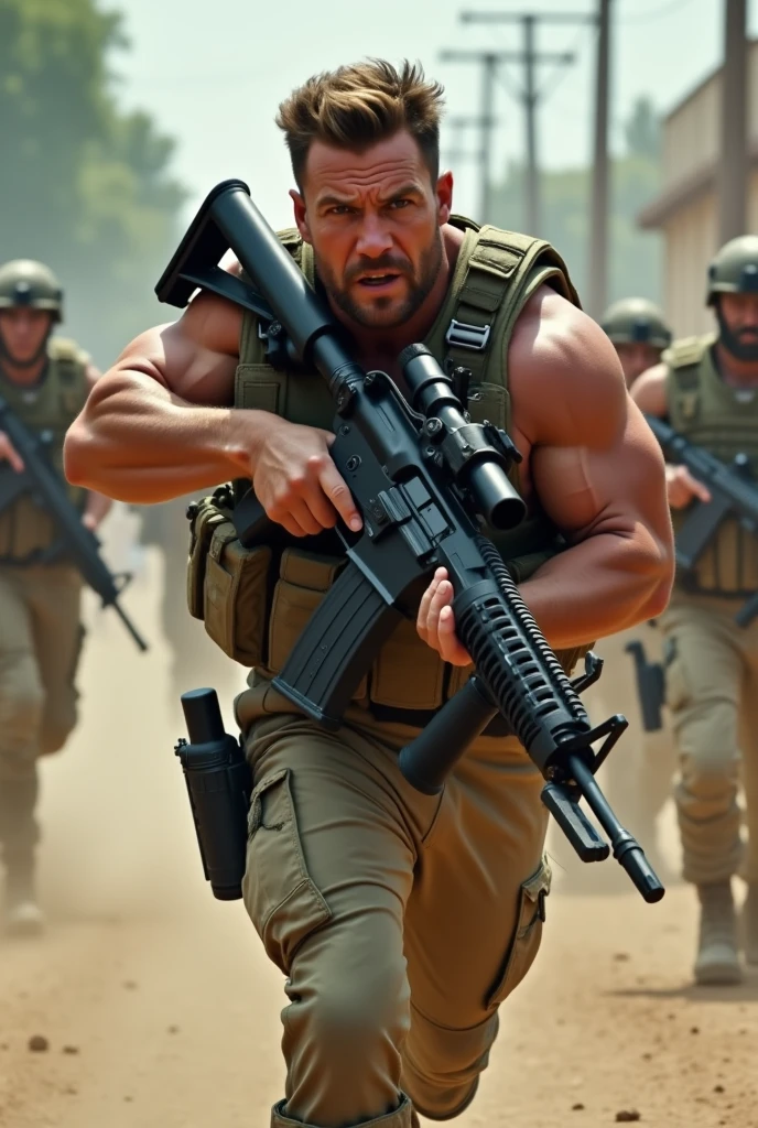 A 30 year man who wear milatary clothes have a big rifle, screaming on someone while runing realistic image face and body properly visible body facing front side while man looking left side man alon in image