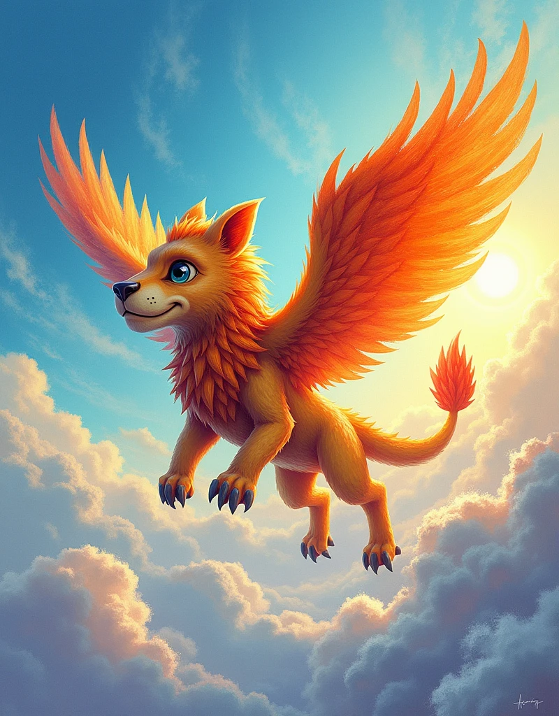 Drawings drawn by children, Drawn with crayons, (Griffon), Sky-high, Flying through the clouds, Powerful wings, Light of the sun, Sharp Eye
