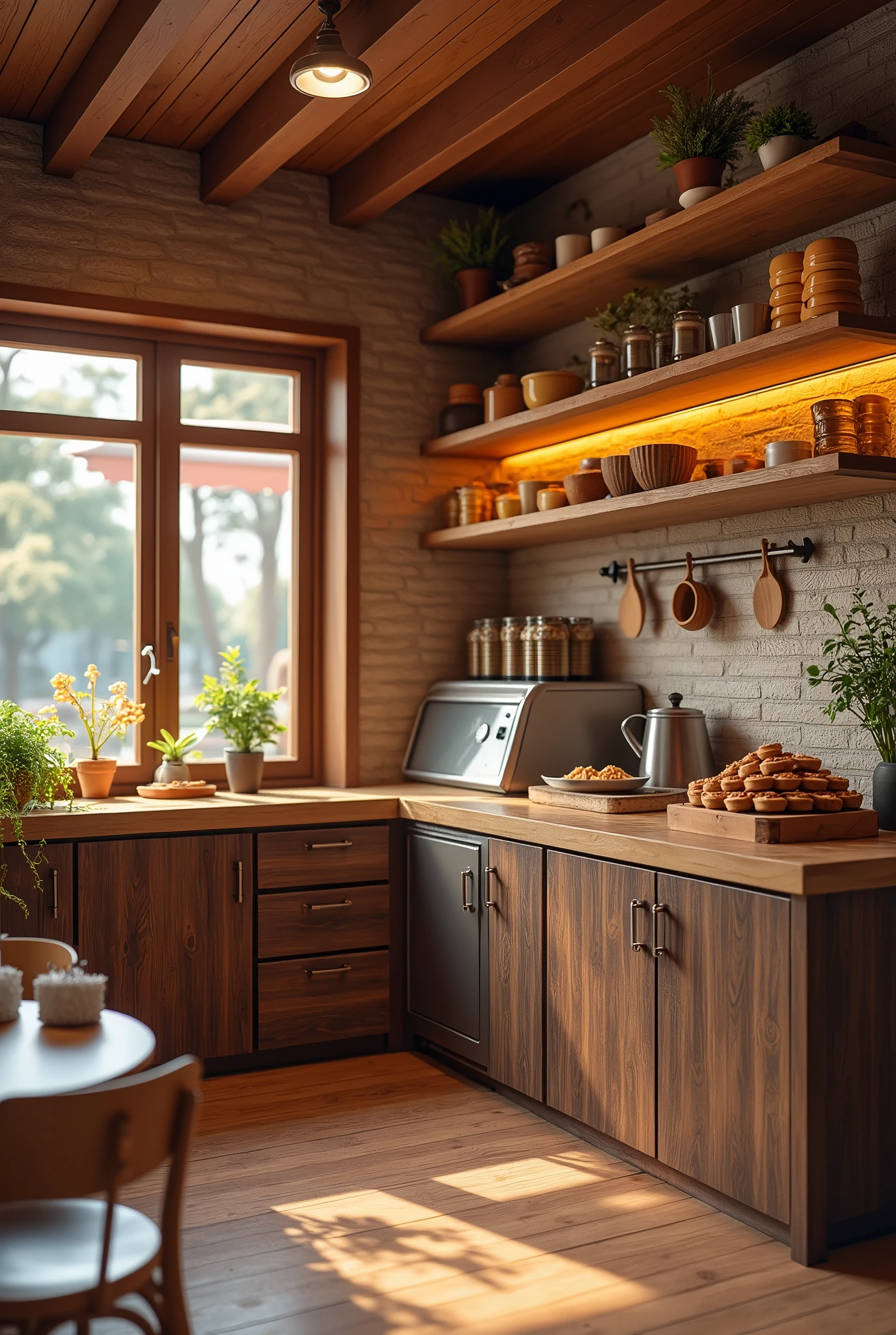 crear una imagen de una kitchen pequeña que tenga medidas especificas para un local de venta de chocobananas, that has a freezer, kitchen, meson, pans, wash dishes and furniture, Let there be no people
