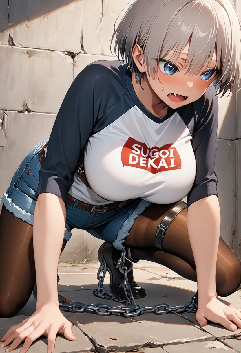 UHD, retina, masterpiece, high quality, super detail, best quality,battlefield, lose the battle, Hana Uzaki, short hair,shaved side, big breasts, raglan sleeve shirt, Rome print SUGOI DEKAI, denim shorts, pantyhose, kukkoro, Falling to his knees,look down, fall on, looking down at the ground, expression of despair,slave_restraints outfit,legs and hands chained to the wall together,Suprematism, UHD, masterpiece, high details