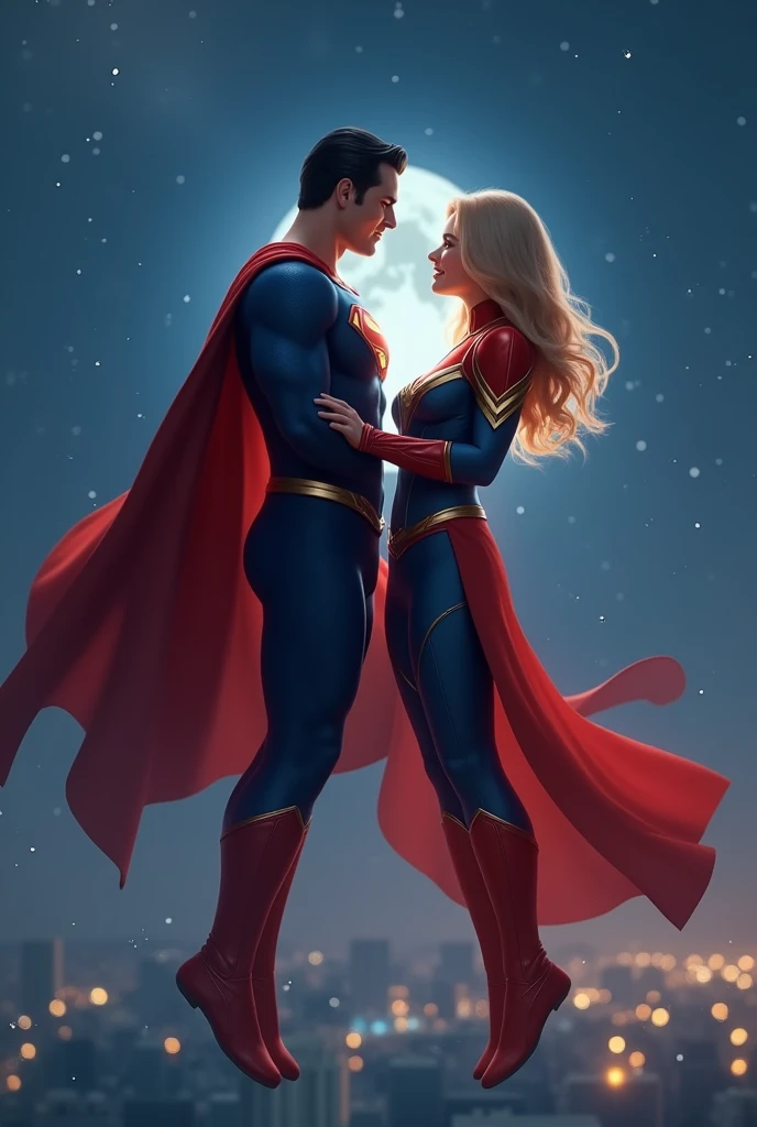 [Scene 2: The Connection]Prompt: "Superman and Captain Marvel hovering in the night sky, close to each other, with the moonlight casting a soft glow on them. Superman's expression is one of admiration, while Captain Marvel is smiling warmly. Their capes flutter in the breeze, and there’s a subtle, sparkling energy between them. Below, the city is calm, with lights twinkling in the distance, adding a romantic atmosphere to the scene."