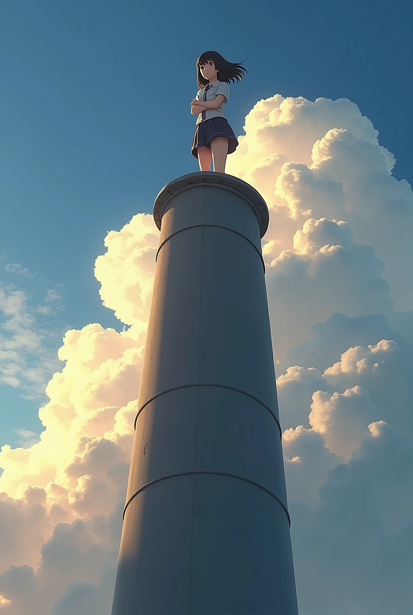 A high school girl standing with her arms folded on top of a tall chimney、Black Hair、Bobcut、Japanese、Dynamic composition、Real、Backlight、cumulonimbus、とてもReal。
