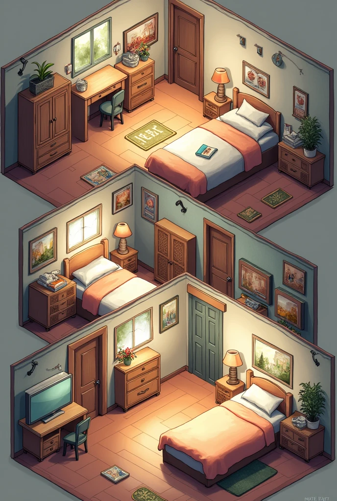 The rooms have a bed, TV, closet, some have mirrors, desk and mats. In our rooms, everyone decorates them to their liking.