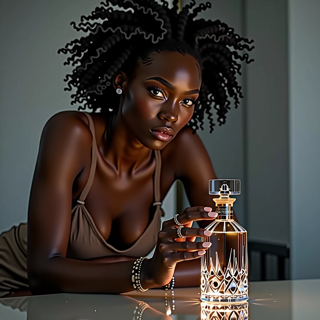 👀🤳 Okay… Here&#39;s what I&#39;m seeing… A photograph in a professional studio, where a beautiful young ebony-skinned woman is capturing a picture of a perfume bottle. The woman, with a concentrated and passionate expression, holds his camera firmly, carefully focusing on the elegant perfume bottle in front of her.

The studio is well lit, with soft, diffused lights that accentuate both the natural beauty of the woman and the detailed design of the perfume bottle. The environment is minimalist, with a neutral background that does not distract, keeping the attention on the woman and the perfume. The perfume bottle has a sophisticated design, with a cut crystal that sparkles under the studio lights. The reflections and shadows in the scene are well balanced, highlighting both the precision of the photographer&#39;s work and the elegance of the product.

### 📷 Shall I take a snap?