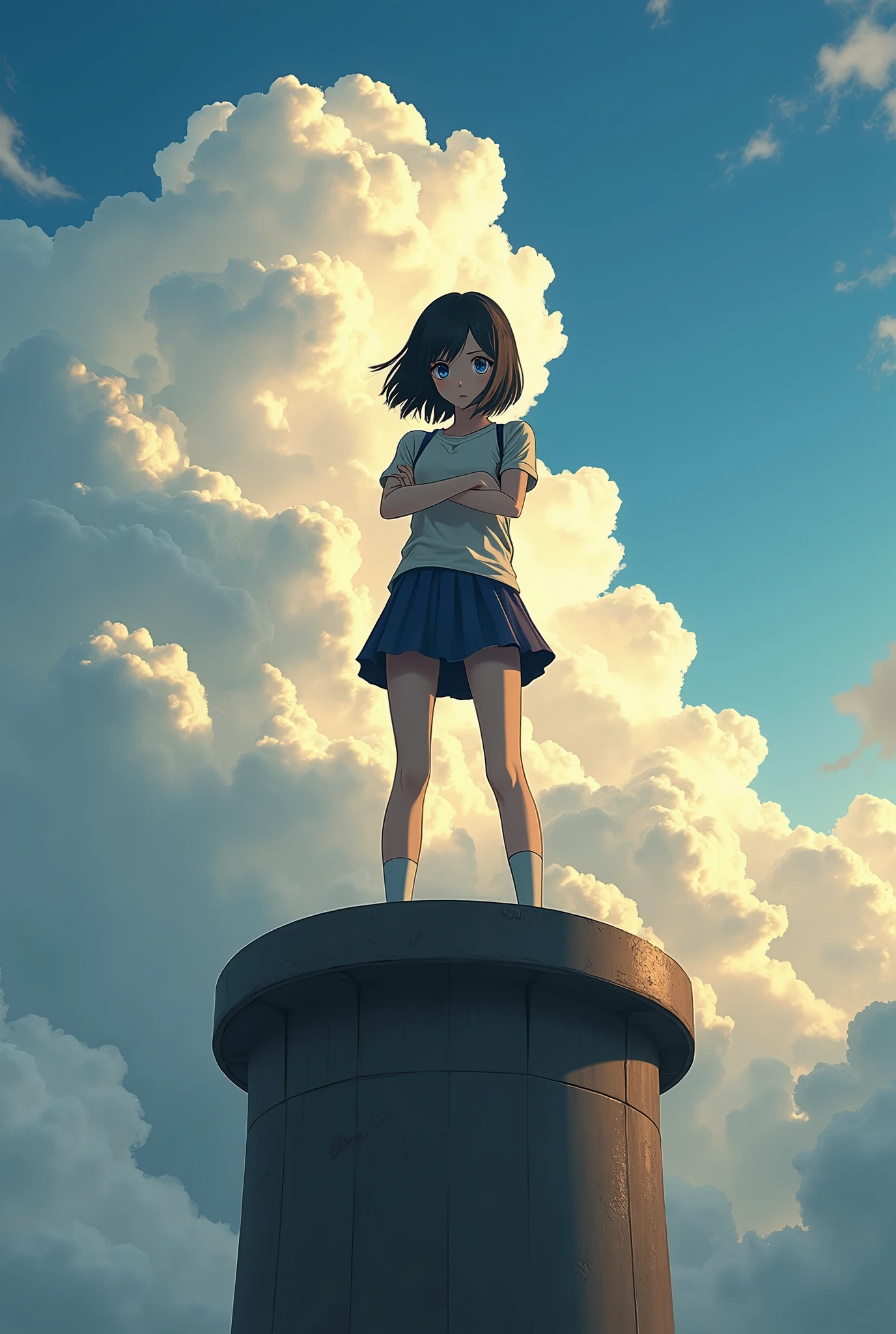 A high school girl standing with her arms folded on top of a tall chimney、Black Hair、Bobcut、Japanese、Dynamic composition、Real、Backlight、cumulonimbus、とてもReal。
