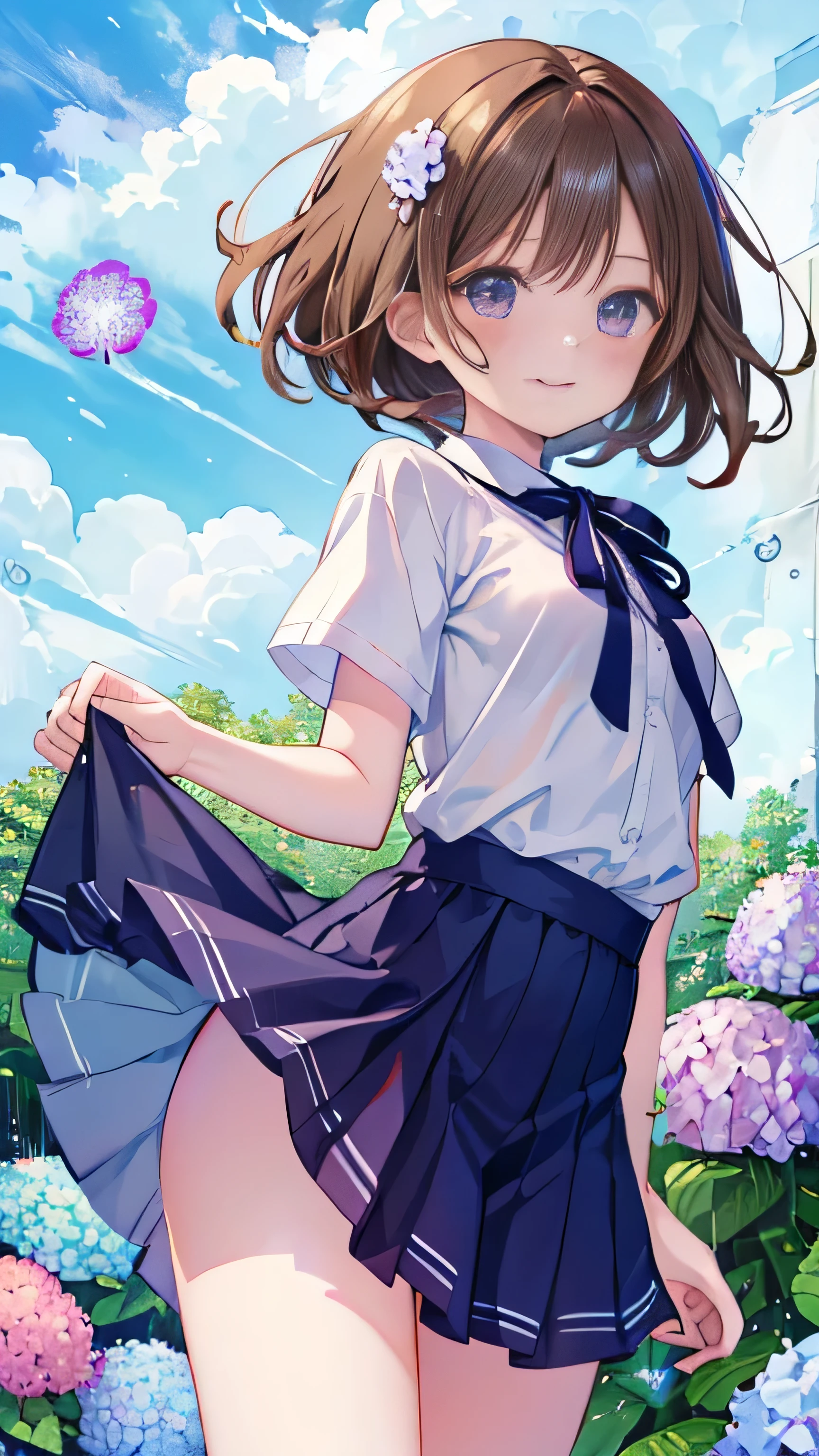 Highest quality, masterpiece, Ultra-high resolution, 8k, Show anime style , 1 girl, Soft line drawing, Digital Enhancement, shojo anime touch, shojo manga core, Flowing fabric, close, Soft Drawing, Ultra High Definition Digital Anime Art, Clear facial depiction, Highly detailed girl manga character art, Ultra-detailed manga style, Highest qualityの色, (Short brown hair)), Staring at us from the front, Beautiful brown hair, Clear brown eyes, A little chubby,Small breasts,Small Ass,(((Teasing Smile)) 、Purple outfit、Rainfall,Hydrangea garden,Water droplets fall、Wet your hair ,View hydrangeas, Close up of face and hydrangea flowers