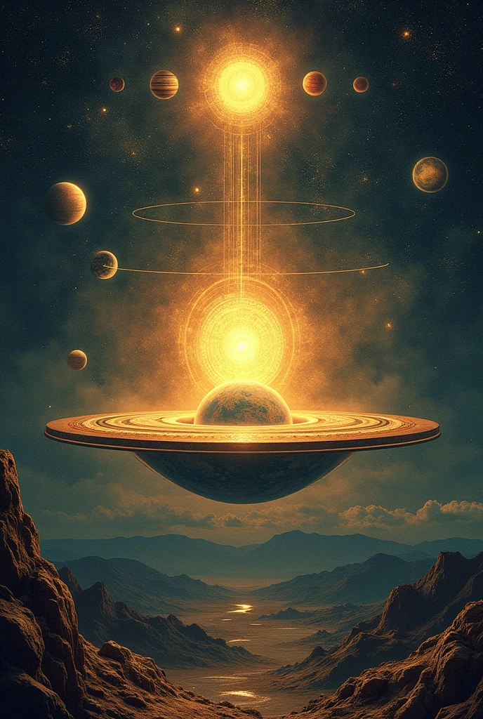 Create a picture of the complete model of the flat earth according to the Torah, the Bible and the Holy Quran (with all names) along with all the planets in the system