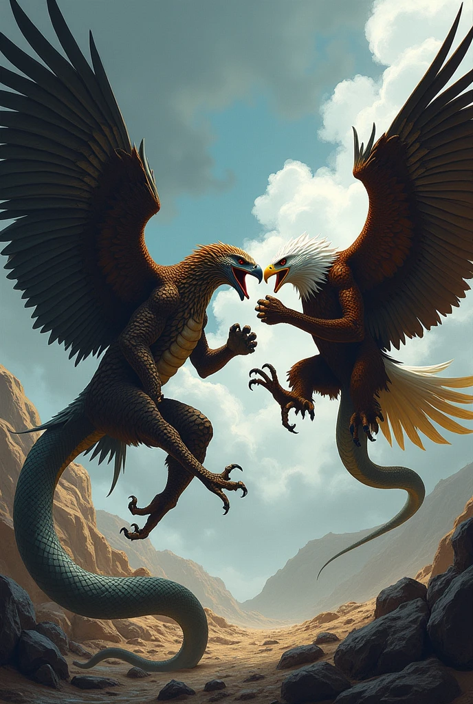 An illustration of a snake fighting an eagle boxing