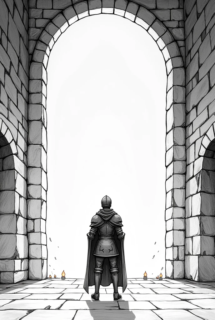 Please, Create a black and white drawing, Simple and easy to color, based on the chapter &#39;The Castle of Will and Daring&#39; from The Knight in Rusty Armor. The drawing should show the interior of a dark and challenging castle, with the knight in his rusty armor standing in the center of the room, Facing a large door or barrier that symbolizes their fears. To the sides, There may be shadows or abstract shapes that represent internal doubts and challenges.. The room should have simple details, like stone walls and torches that barely illuminate the environment, giving a feeling of tension and determination. Keep the lines thick and clear so it&#39;s easy to color.."