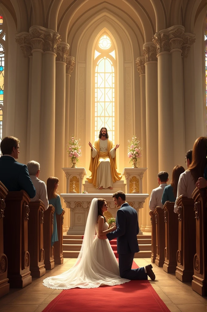 Catholic wedding , where the bride and groom are on their knees and Jesus is sitting on the altar step happily watching us get married