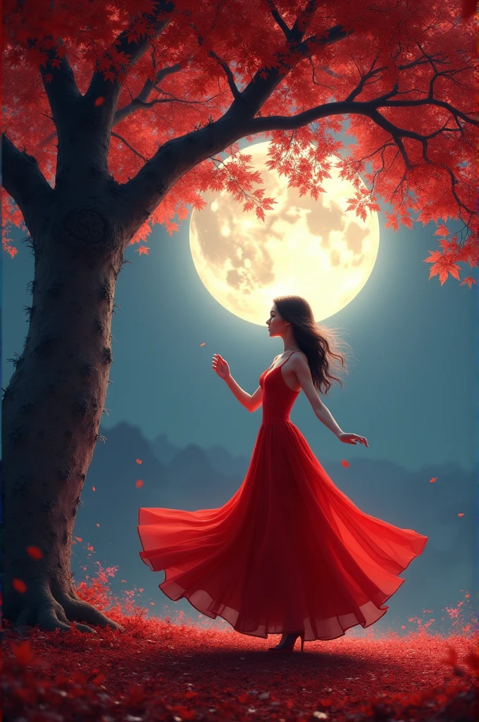 woman in red dress, dancing a waltz under a red-leafed tree, on a full moon night 