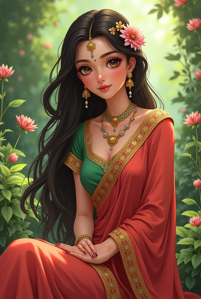 Radha Rani, who is sitting in the garden, has long, flowing hair. Radha Rani, the beloved consort of Lord Krishna, is often depicted as a beautiful and enchanting maiden with a captivating appearance. Here's a description of her beauty and dressing sense:

*Physical Appearance:*
Radha Rani is typically depicted as a youthful and radiant maiden with a slender yet curvaceous figure. Her skin is often shown as a soft, golden complexion, symbolizing her divine nature. Her eyes are large and expressive, with a deep, loving gaze that conveys her devotion to Krishna. Her hair is long, dark, and luscious, often adorned with flowers and ornaments.

*Dressing Sense:*
Radha Rani's dressing sense is a perfect blend of elegance, simplicity, and charm. She is often depicted wearing a traditional Indian attire, consisting of:

- A flowing, crimson-red or green saree (ghagra) with intricate embroidery and patterns, symbolizing her love and devotion to Krishna.
- A matching blouse (choli) with short sleeves, adorned with precious stones and pearls.
- A delicate, beaded necklace (mala) with a small, golden pendant, often featuring a picture of Krishna.
- Armlets (bajuband) and anklets (payal) made of gold and precious stones, adding to her elegance.
- Her hair is often adorned with flowers, particularly jasmine and roses, and a few loose strands framing her face.

*Ornaments and Accessories:*
Radha Rani's ornaments and accessories are simple yet elegant, reflecting her rustic and natural beauty. She often wears:

- A small, golden nose ring (nath)
- Ear studs (kundal) made of gold and precious stones
- A delicate, beaded belt (kamarband) around her waist

Create a beautiful anime of that 