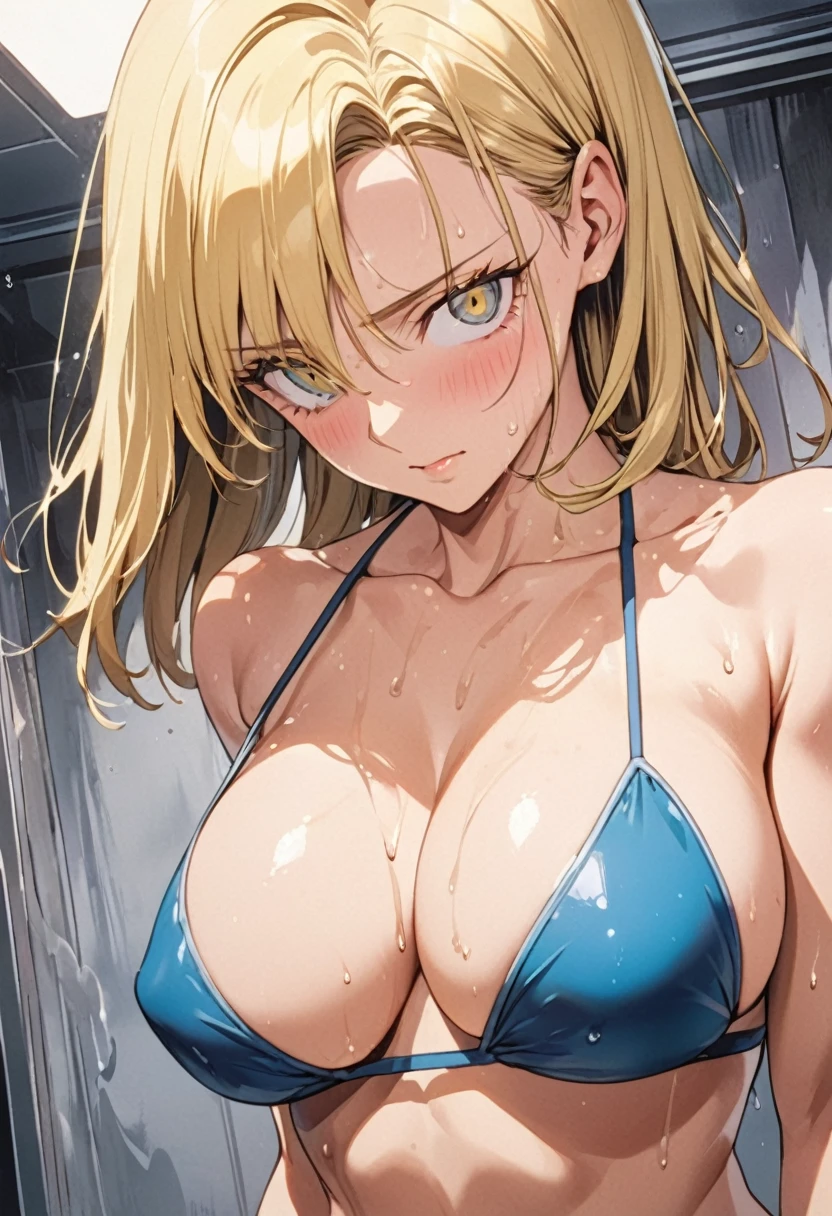 masterpiece, Highest quality, High resolution, (Artificial Human Room No. 18),1990s \(style\),Swimwear、bikini,(E-cup beautiful breasts)、height: 170cm,Sweating all over the body、vapor、Muscular、(sexy)、Sweaty、Composition from the front、Anime-style painting style,Blonde、Shortcuts、Composition focusing on the upper body,Cool face、Pointed eyes