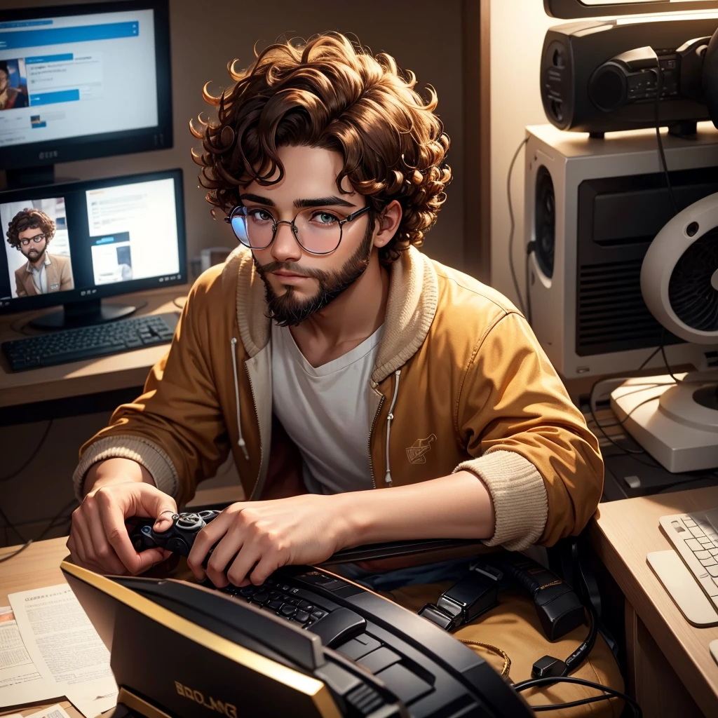 A boy, , Brown eyes, low beard, round and gold glasses, playing on a gaming pc,curly brown hair