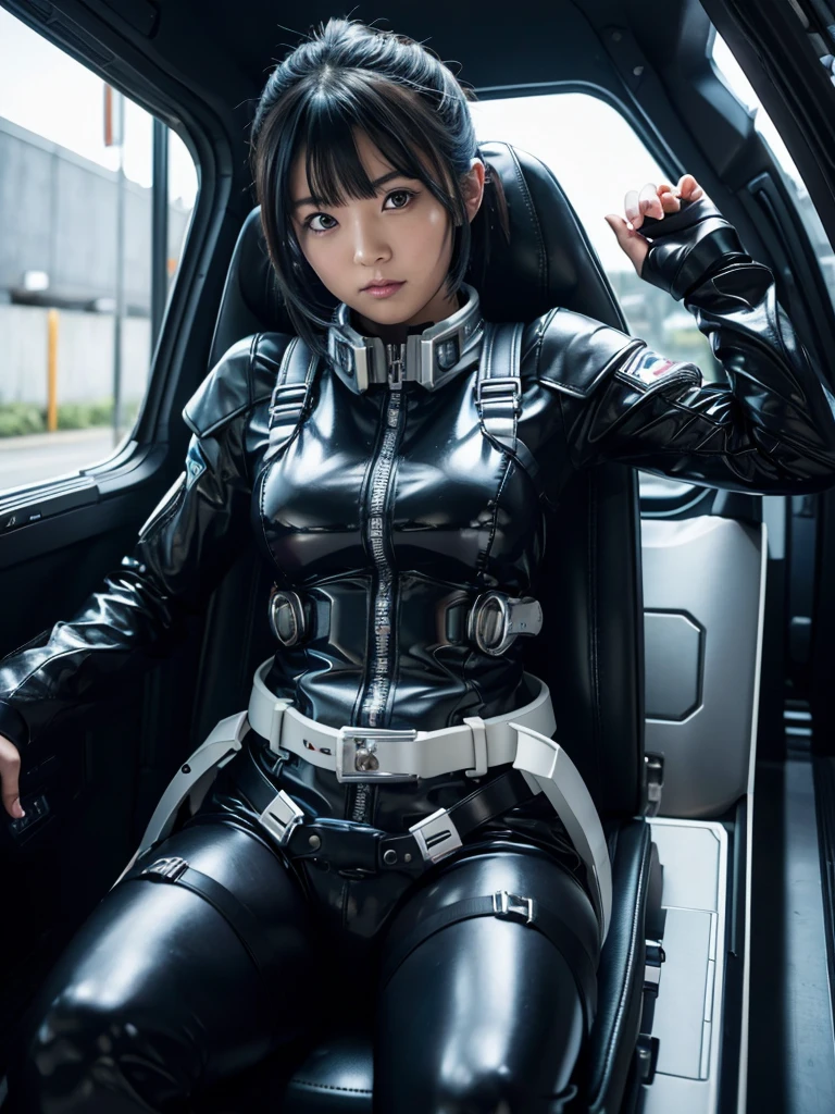 Japanese Sentai heroine,Black Hair,The spaceship's cockpit,He is fully secured in the black seat by a thick black harness belt.,A tight-fitting silver bodysuit,Plump,Holding the joystick lever,