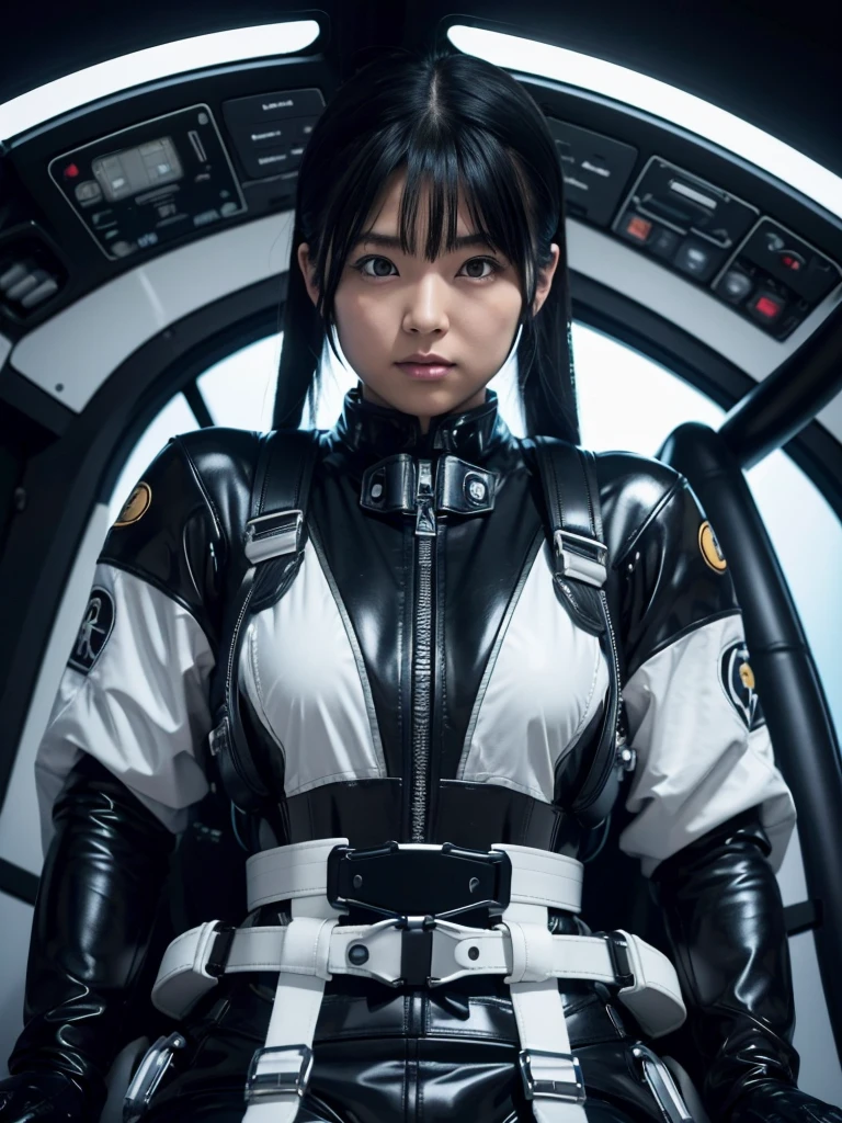 Japanese Sentai heroine,Black Hair,The spaceship's cockpit,He is fully secured in the black seat by a thick black harness belt.,A tight-fitting silver bodysuit,Plump,Holding the joystick lever,