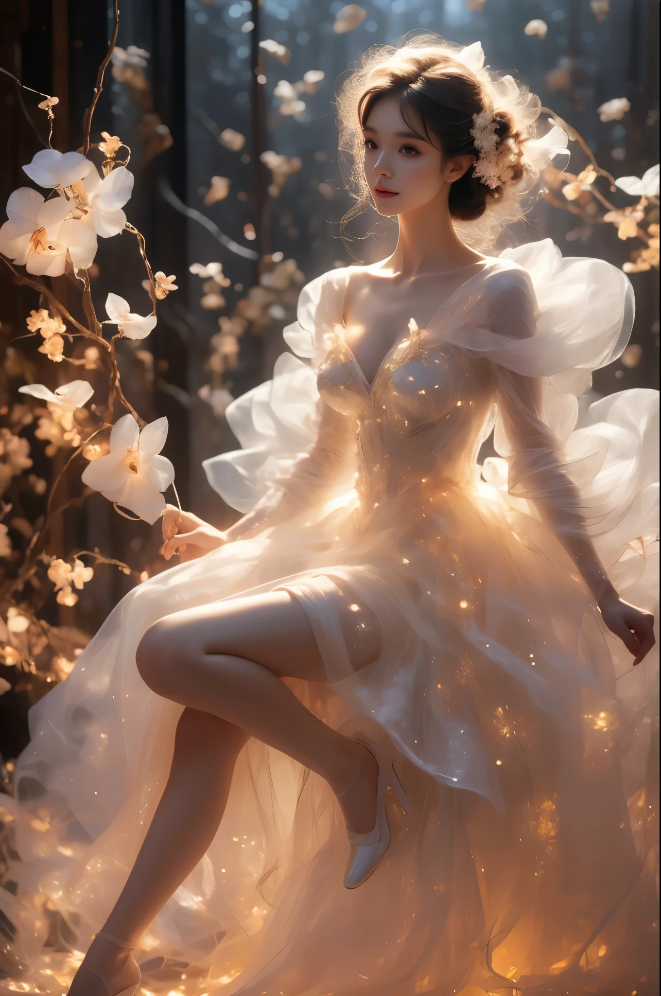 （Quality Improvement：1.4），1 Girl, Full breasts，Visible cleavage，Sexy long legs，The skirt is very short，She gently lifted her skirt with one hand,Surrounded by white Phalaenopsis orchids，Lilac dendrobium、White Lily, Flying petals，（Top quality leather), Delicate face,Black Hair, Gradient hair, Body,（Body1.1）, He has a precious gem on his forehead.., outstanding student，Long eyelashes,Smile, Surrealism, Movie Lighting, Projection Insert, Surrealism, Ultra HD, masterpiece，lie，Keep dreaming，Open your legs slightly.，Tattoo，Fantasy Space，Luxurious space，Exquisite makeup，blush，Shy expression