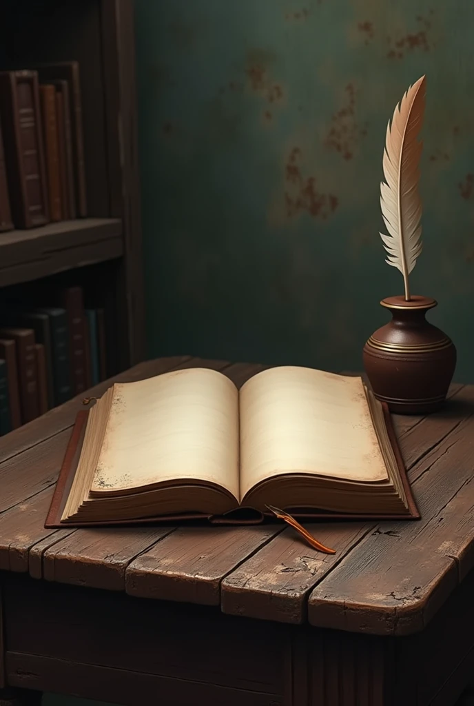 An old table with an open book, unwritten, and an inkwell with a feather
