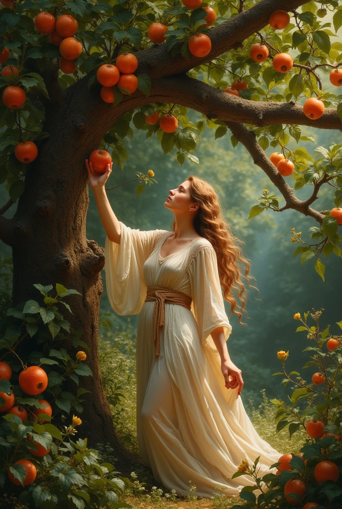 Biblical character Eve eating fruit from the forbidden tree