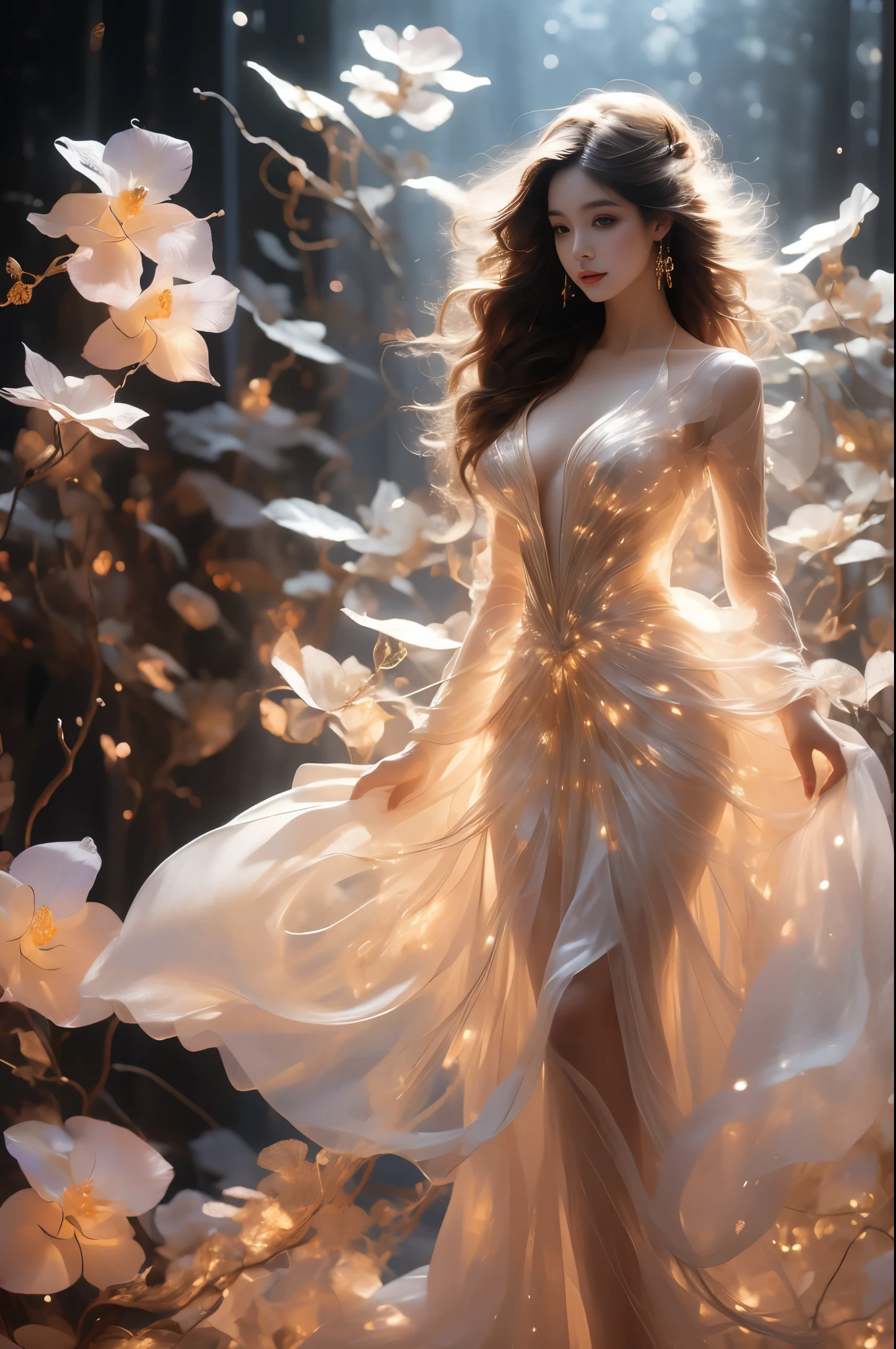 （Quality Improvement：1.4），1 Girl, Full breasts，Visible cleavage，Sexy long legs，The skirt is very short，She gently lifted her skirt with one hand,Surrounded by white Phalaenopsis orchids，Lilac dendrobium、White Lily, Flying petals，（Top quality leather), Delicate face,Black Hair, Gradient hair, Body,（Body1.1）, He has a precious gem on his forehead.., outstanding student，Long eyelashes,Smile, Surrealism, Movie Lighting, Projection Insert, Surrealism, Ultra HD, masterpiece，lie，Keep dreaming，Open your legs slightly.，Tattoo，Fantasy Space，Luxurious space，Exquisite makeup，blush，Shy expression