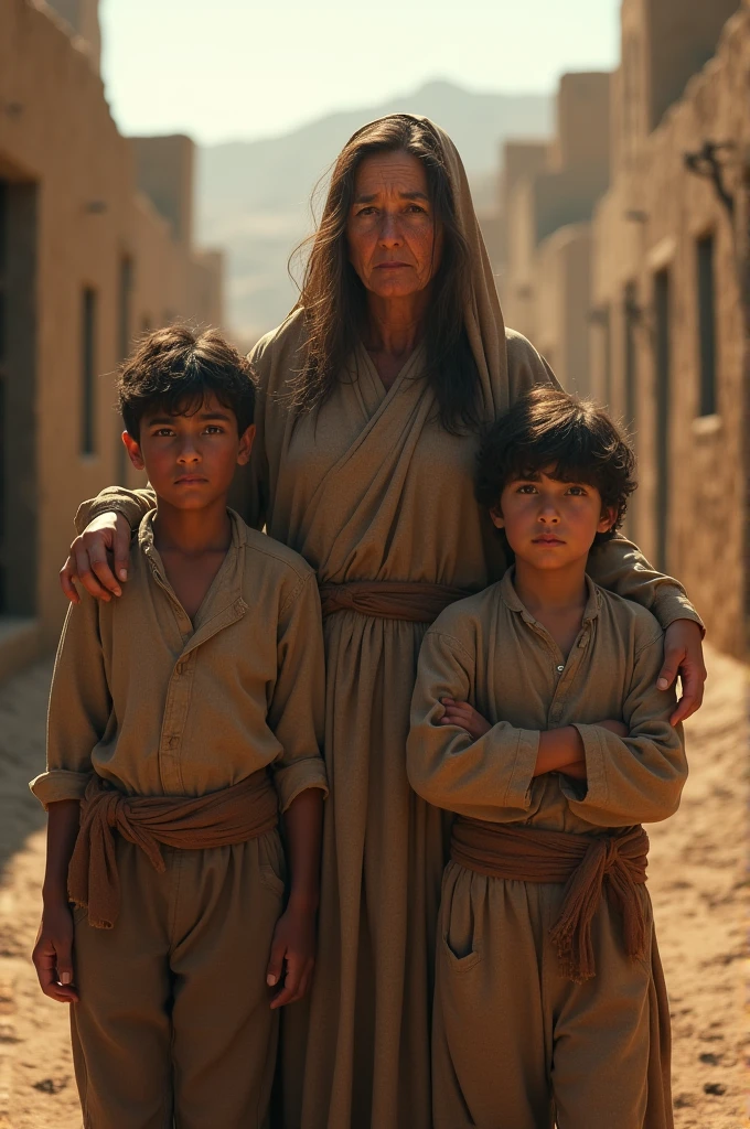 Biblical image of the widow and her 2 sons, realistic 8k cinematic