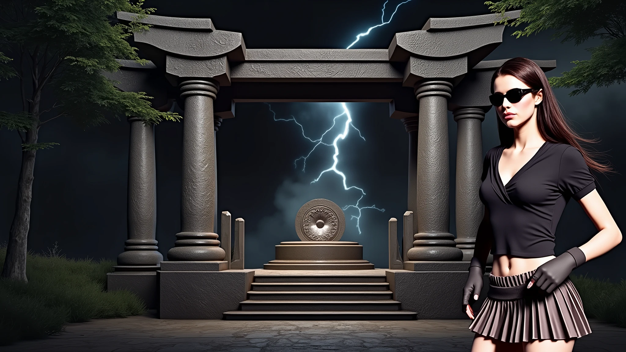 A young futuristic female sorcerer with a glowing floating small crystal stone, releasing mysterial spell and magical power, facing and defeating dark forces and beings. She stands with her right hand raised forward with a blue fire of light, at night, (1girl, solo, alone), photorealistic, large-breast slim:0.6 body, oval:0.5 face, cleavage:1.1, very low angle view of pleated miniskirt, deep-v, (upskirt), glove, (Matrix style black micro sunglasses), dynamic running pose, (half-body thigh level close-up shot), cinematic lighting, ray tracing, motion blur background.