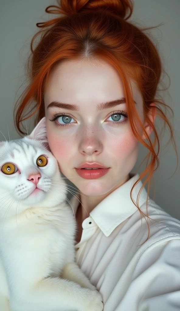raw photo in UHD RAW format, (taking selfies,). A 20 year old girl with a bun, natural red hair and blue eyes, parted lips. hyper-realistic texture ], [ hyper-realistic skin texture ], good lighting. fine-details, olhos e rosto extremamente symmetrical, extremely detailed, symmetrical, sharp piercing eyes. a white cat
