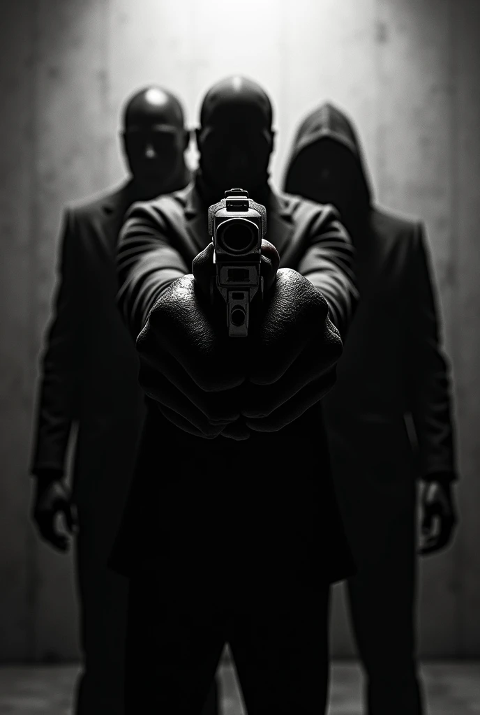 A black silhouette of three people with a gun