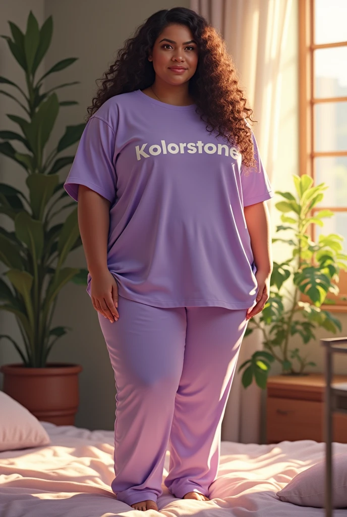 (photorealism:1.2), beautiful fair plus woman, standing on bed, wearing loose Tshirt of Lavender color kolorstone written on it, pajama pants kolorstone written on it, long curly hair, indoors, soft lighting, plants in background, window with sunlight, cozy room, relaxed pose, realistic, intricate details, warm colors, by Greg Rutkowski, by Alphonse Mucha
