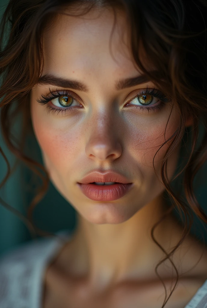 (best quality, ultra-detailed), intense gaze, direct eye contact with the viewer, strong emotional connection, piercing eyes, expressive eyebrows, beautiful, detailed eyes, perfectly symmetrical face, fine facial features, long eyelashes, soulful expression, gorgeous lip color, flawless skin complexion, vibrant color palette, studio lighting.