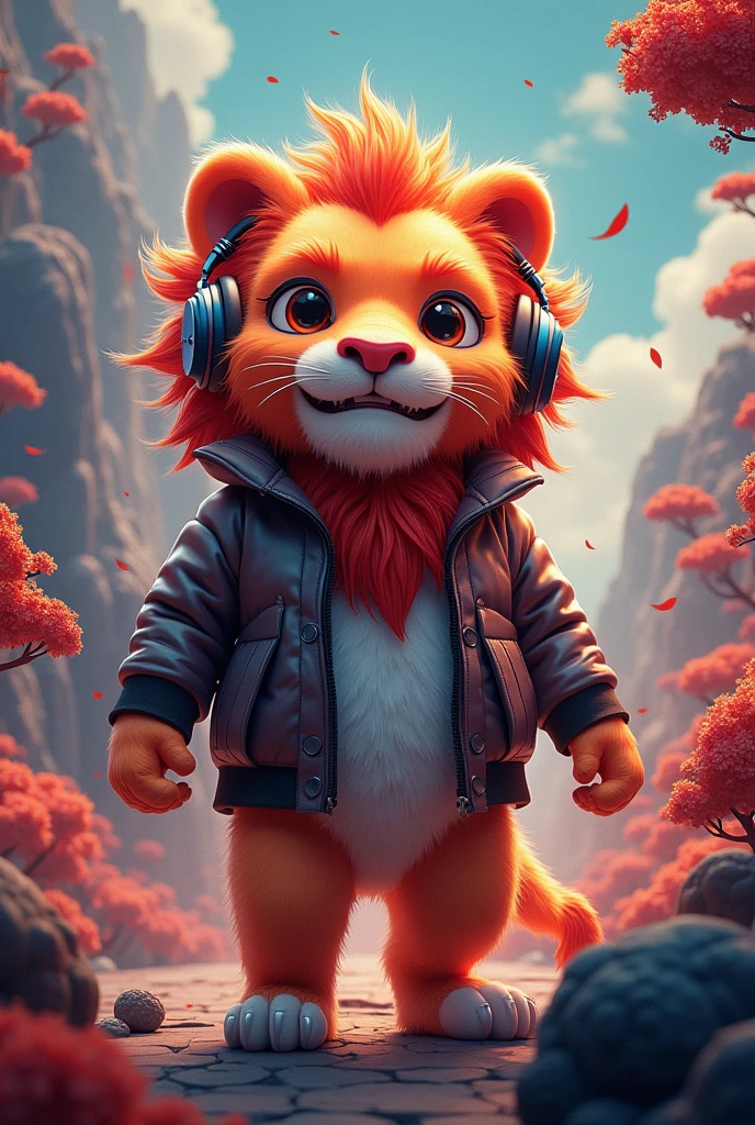 chinese style, cartoon lion,velues,highly detailed surreal vfx,独奏,vision,Ultrathin,extremely detaild,high qualiy,8k ,OC rendering,dynamic perspective, in jacket and headphones