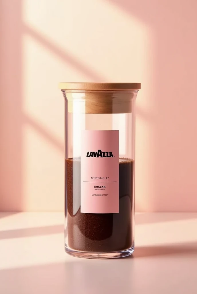 Make me a glass container, with sustainable ground coffee packaging and a pastel pink Lavazza coffee label and wooden lid. That it comes with a size of 3 kilos of coffee on the label