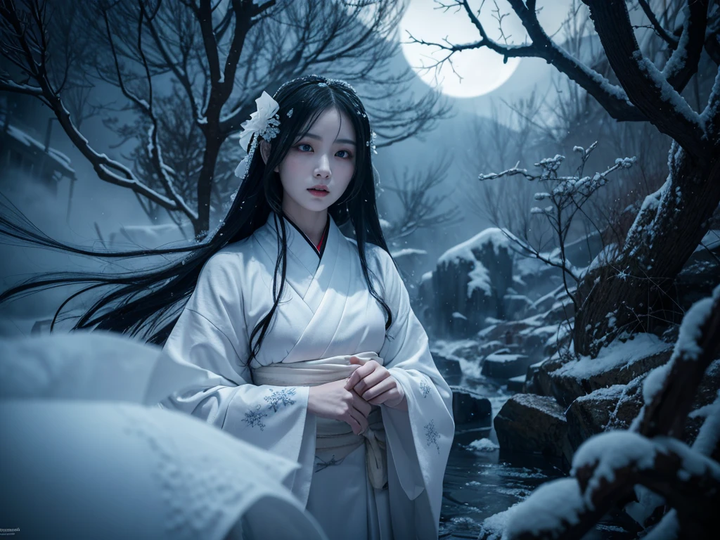 **Prompt:** Create an ultra-realistic 8K resolution image of Yuki-onna, the mythical snow spirit from Japanese folklore, reimagined as the ultimate horror figure while retaining her iconic features. Yuki-onna is depicted with ghostly pale, almost translucent skin that glistens with frost, giving her an ethereal and menacing presence. Her long, flowing black hair is tangled and unkempt, partially obscuring her face and adding to her eerie allure. Her eyes are a piercing icy blue, glowing ominously in the darkness, and exuding a sense of cold indifference and terror.
She wears a tattered, white kimono that appears to be made of ice and snowflakes, intricately detailed with dark, sinister patterns that resemble frostbite and shadows. The kimono is torn and ragged, with parts of it seemingly melting or disintegrating, enhancing her terrifying appearance. Her movements are fluid and unnatural, as if she glides effortlessly through the air, leaving a trail of frost and mist in her wake.
Yuki-onna's presence is surrounded by a chilling, snow-covered landscape under a blood-red moon, casting long, twisted shadows and creating an atmosphere of dread. The background features barren, leafless trees with icy branches and a frozen, desolate environment that amplifies the horror elements. Snowflakes swirl violently around her, some turning into ghostly apparitions or icy shards that add to the sinister mood.
Her expression is cold and emotionless, with a slight, unsettling smile that hints at her malevolent nature. Her hands are elongated with sharp, claw-like nails, and she holds a staff made of ice that emanates a dark, frozen energy. The overall scene captures the essence of Yuki-onna as the ultimate horror figure, blending her traditional mythical attributes with a terrifying and haunting aesthetic that evokes fear and fascination.