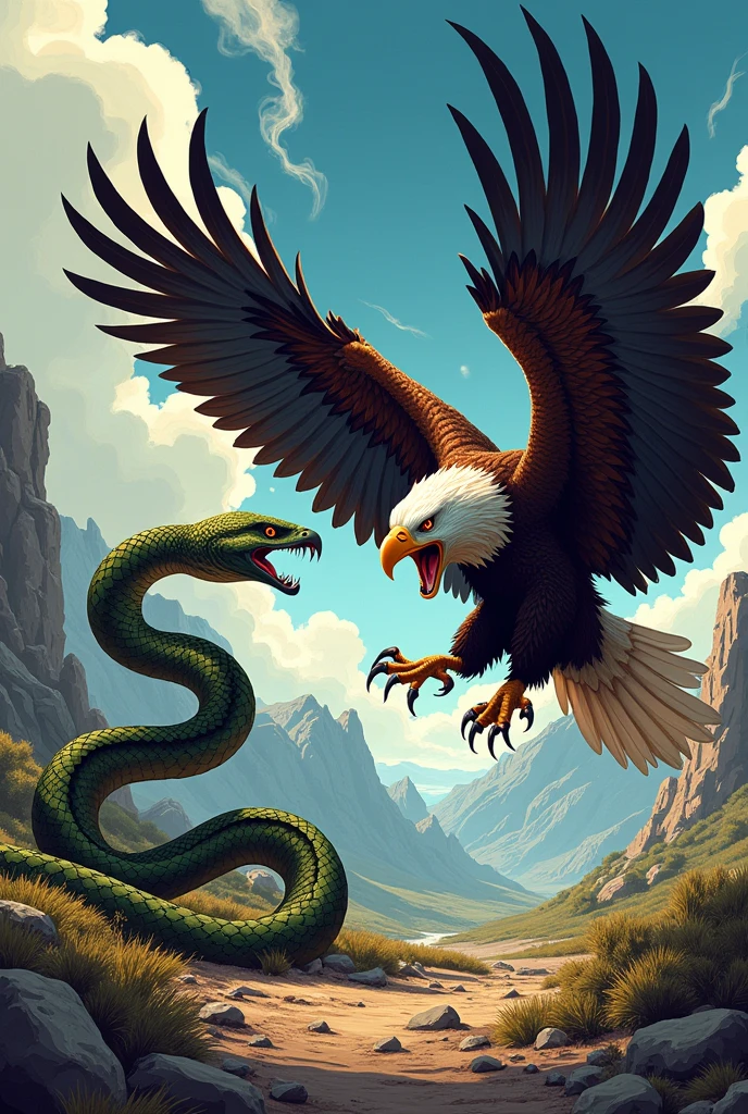 An illustration of a snake boxing against an eagle