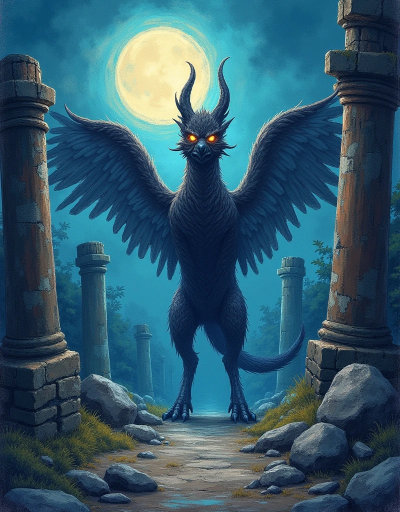 Drawings drawn by children, Drawn with crayons, (Griffon), moonlight, Ancient ruins, Solemn, mysterious, Eyes shining in the darkness, fog