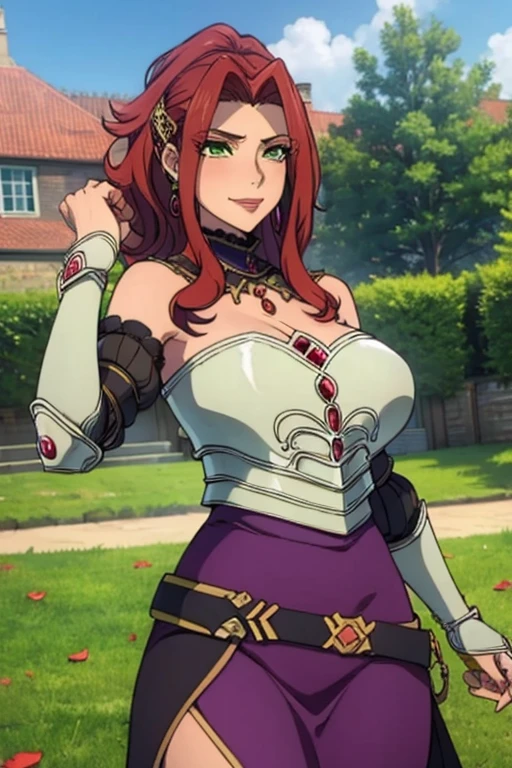 (masterpiece, Best Quality:1.4), looking at the viewer, cowboy shot, affected smile, malty melromarc, Red hair, by the wide, green eyes, exposed cleavage, big breasts, big breasts, hair ornament, earrings, jewelry, armor, armored dress, dress, separate sleeves, breastplate, purple skirt, belt, outdoor, grass, rose garden with rose petals in the air, big breasts, huge breasts, giant breasts