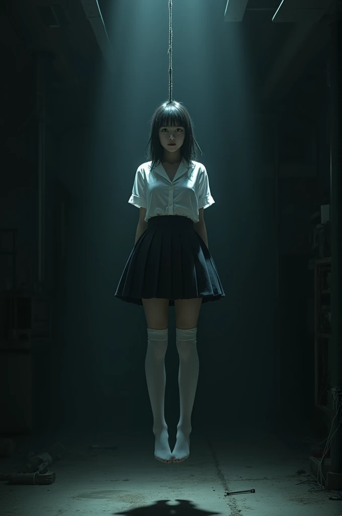 girl scene in white thigh high socks , hanged to death by a man ,hovering in the air