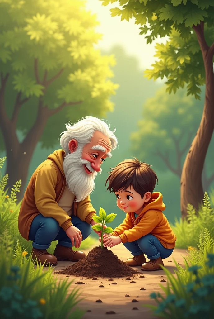 They placed the tree gently into the ground and covered its roots with soil. Jamie watered it, making sure it had enough to drink. "It's thirsty, Grandpa," said Jamie, watching the water seep in.