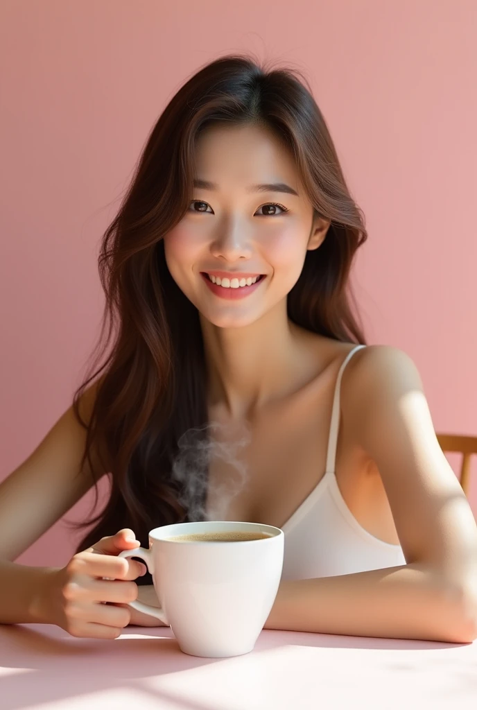 a beautiful asian woman with long brown hair, nude, sitting at a table and smiling at the camera, advertisement, pink background, nude, holding a cup of coffee.