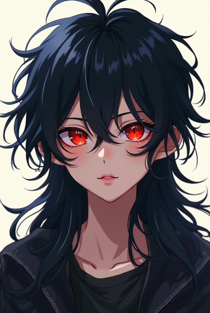 A boy with long black hair that reached his waist with messy locks and a feminine appearance with red dotted eyes in an anime style
