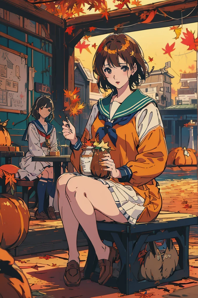 (masterpiece:1.2), Highest quality,Pixiv,Surprised girl,Portraiture、1、Large Breasts、Small waist、Close-up of face、Ecstasy、((((Autumn Outfits、Sailor suit、squat))))、mini skirt、Girl sitting、Beer and Yakitori、barefoot、High School Uniform、loafers
