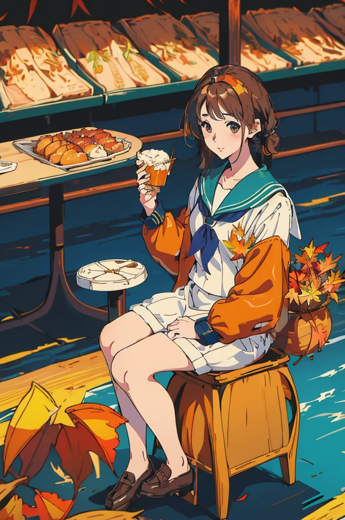 (masterpiece:1.2), Highest quality,Pixiv,Surprised girl,Portraiture、1、Large Breasts、Small waist、Close-up of face、Ecstasy、((((Autumn Outfits、Sailor suit、squat))))、mini skirt、Girl sitting、Beer and Yakitori、barefoot、High School Uniform、loafers