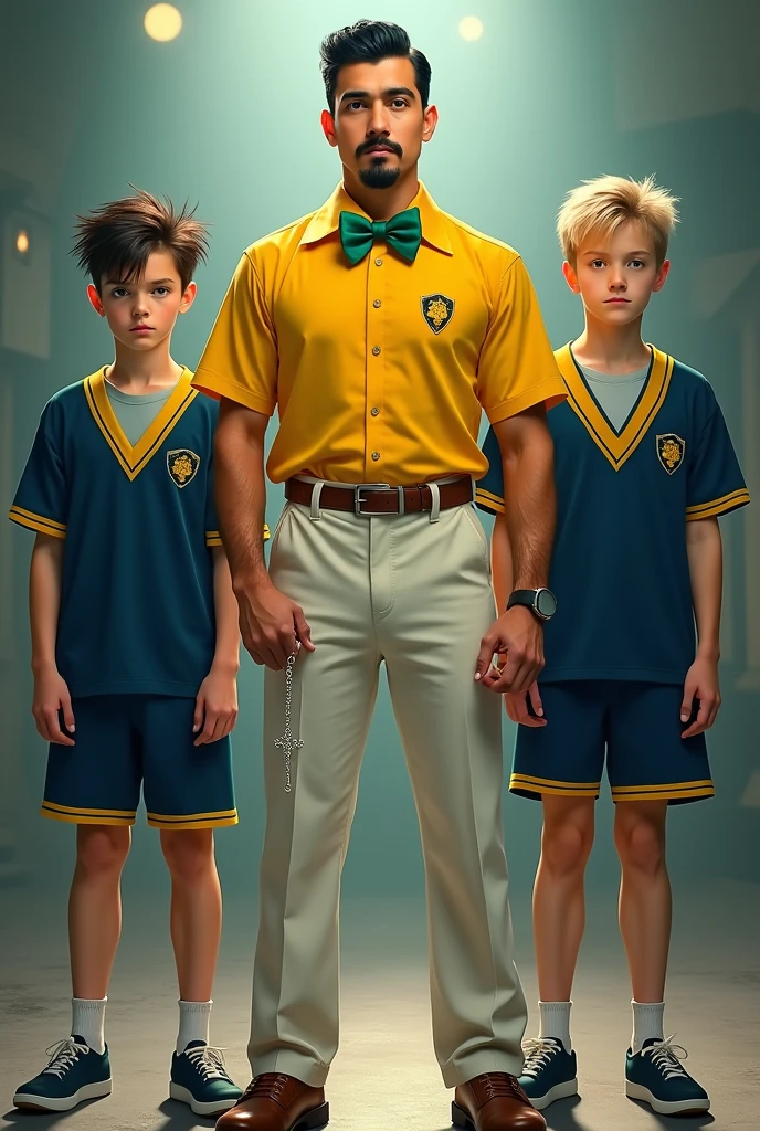 On the cover of a movie poster, Professor Petterson stands firm and ready,he is a white young man dressed in his iconic yellow dress shirt, paired with a vibrant green bow tie. His white pants are crisp, and he holds a rosary tightly in one hand, symbolizing his faith and resolve. His short black hair is neatly trimmed, and his goatee, along with a pronounced mustache, adds a serious, thoughtful air to his expression.

Beside him are two teenage boys, both strikingly handsome and prepared for battle. On his right, the dark-haired boy with spiky hair and intense brown eyes exudes a rebellious energy. On his left is the blonde boy, with sharp green eyes and neatly styled hair, radiating confidence. Both boys wear dark blue school uniforms with yellow trim, complete with blue shorts and matching sneakers, emphasizing their unity and readiness.

All three are in dynamic, battle-ready poses, set against a dramatic backdrop that hints at the epic confrontation ahead, capturing the viewer's attention with a sense of impending action and adventure.